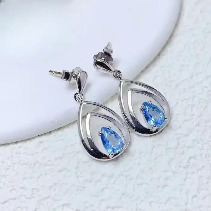 Boucles d'oreilles pendantes en topaze naturelle bleu clair, bijoux en argent, sans allergie, plaqué
