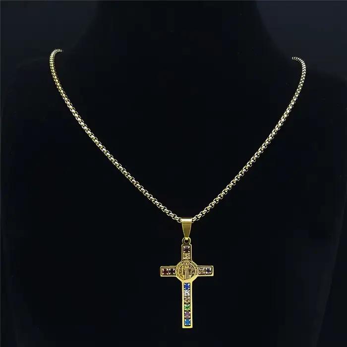 Collier en acier inoxydable avec croix de jésus catholique, pendentif en cristal de Saint benoît, vierge marie, Crucifix, colliers pour hommes, bijoux cruz