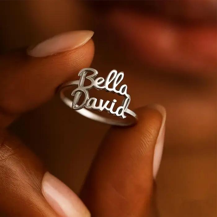 Bagues personnalisées avec deux noms pour femmes, en acier inoxydable plaqué or 18 carats, bague dou