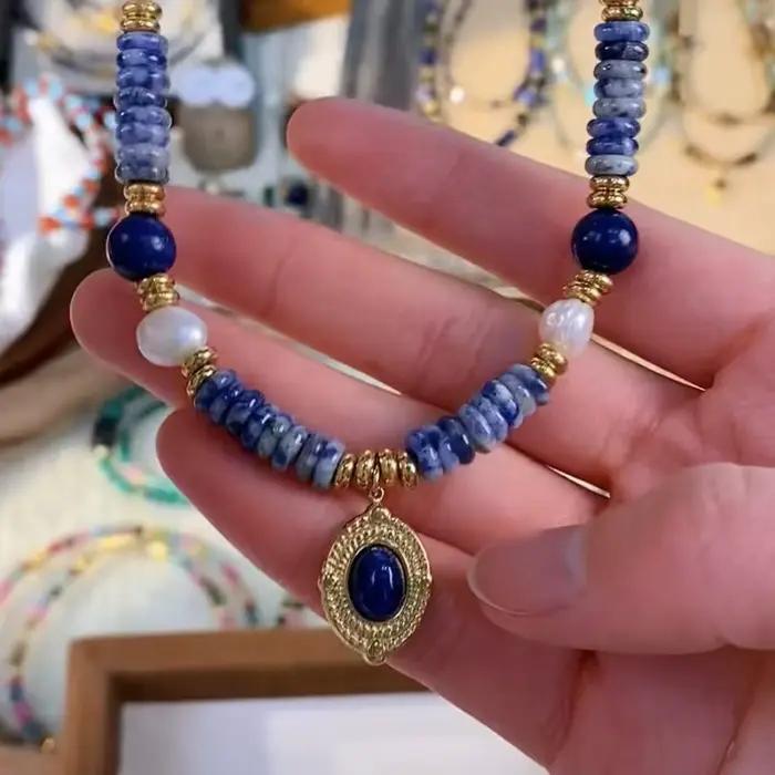 Collier avec pendentif en pierre lapis-lazuli pour femme