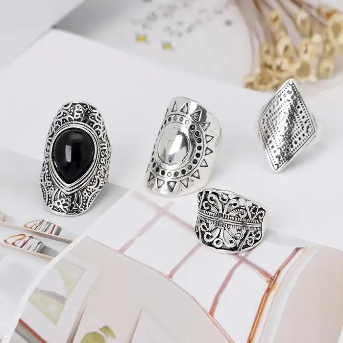4 pièces/ensemble mode Vintage argent plaqué gitane Boho ethnique anneau creux sculpté strass Midi Knuckle anneaux femmes bijoux