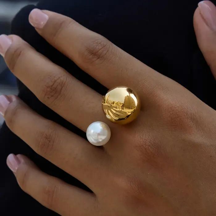 Yori mode Imitation perle métal PVD plaqué géométrique bague nouveautés haute qualité Texture bijoux 2025 cadeau