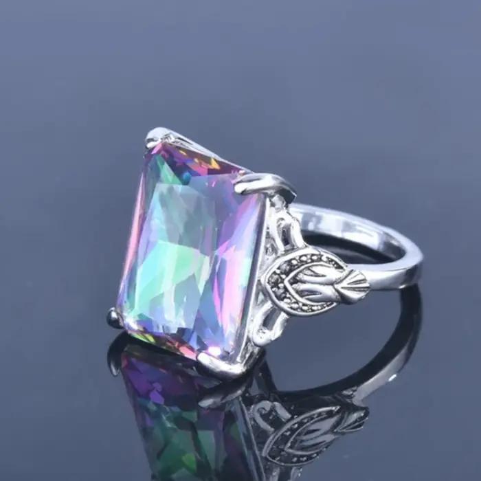 Superbe bague pour femme avec topaze sept couleurs et diamant carré - Style unique et luxueux - Cadeau d'anniversaire
