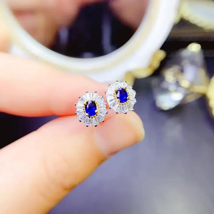 Boucles d'oreilles à clous en saphir naturel pour femme, argent sterling 925, élégantes pour les occasions spéciales, cadeaux d'anniversaire, tenues de tous les jours