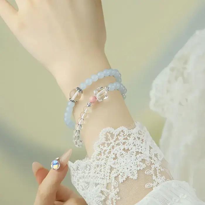 Bracelet Double cercle en Quartz Rose bleu mer