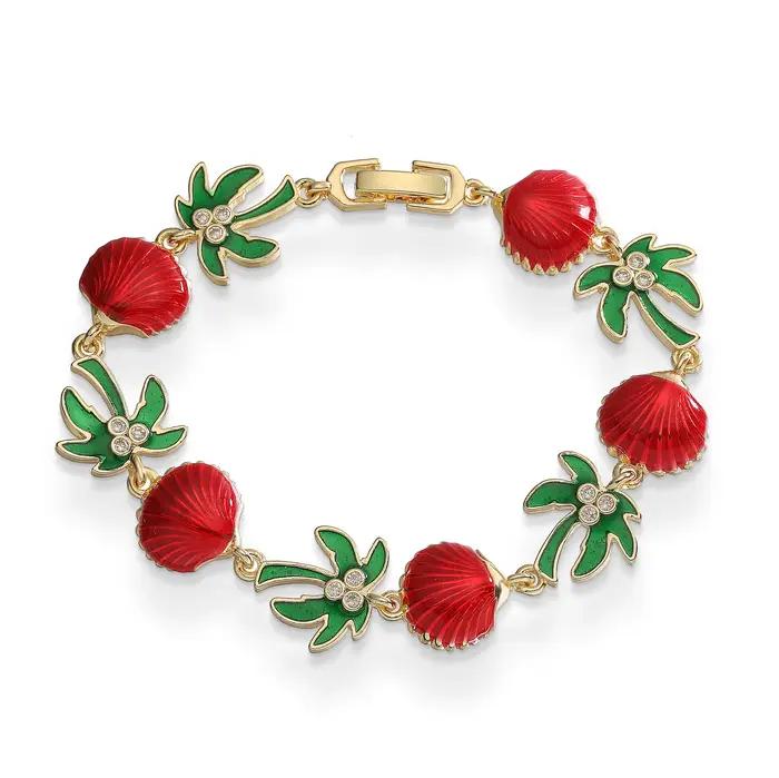 Bracelet rétro en émail vert avec pendentif motif palmier et cocotier