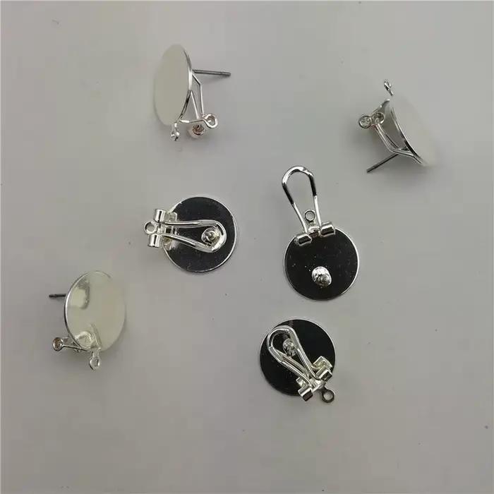 Réinitialisation d'oreille en métal doré et argenté avec épingle, clip d'oreille en cuivre, recherche de boucle d'oreille bricolage, document, 15mm, 20 pièces