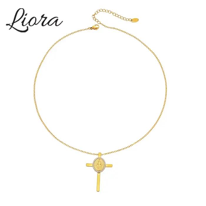 Liora Vintage Religion croix pendentif collier pour femmes hommes couleur or chaîne en acier inoxydable cubique zircone tour de cou bijoux de fête