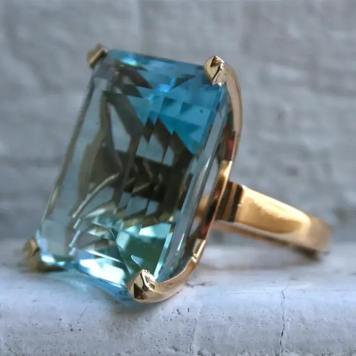 Bague de fiançailles en diamant de princesse topaze bleue de mer naturelle véritable, bague en saphi