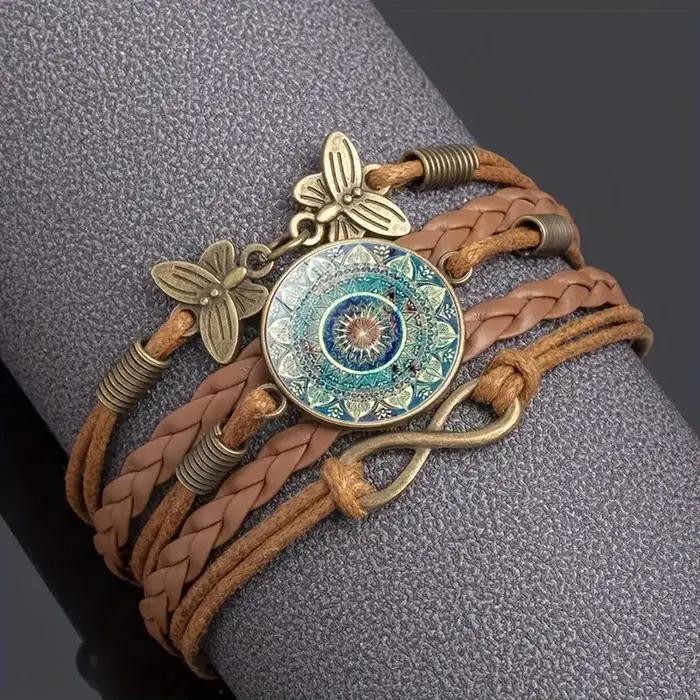 Bracelet Mandala Fleurs en cuir tissé vintage multicolore pour femmes et hommes occasions spéciales