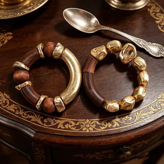 Ensemble de bracelets bohèmes en bois et perles dorées