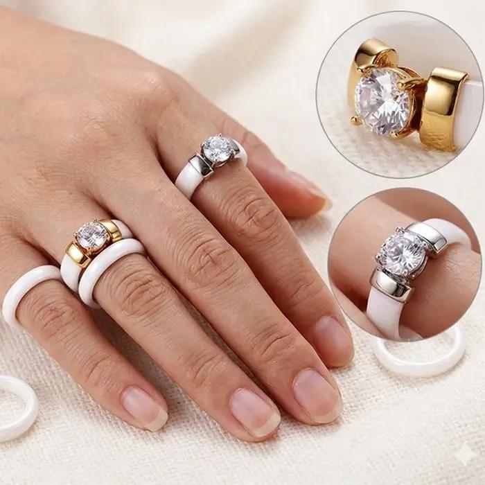 Bague de fiançailles en céramique noire et blanche avec zircon brillant, alliance de mariage hypoallergénique pour femmes, occasions spéciales et engagement