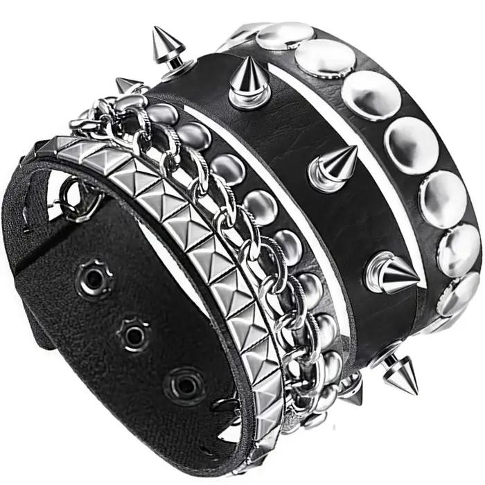 Nouveau 3 pièces/ensemble noir Goth Emo Boho Bracelets pour femme hommes Punk gothique pointe Rivets Bracelet en cuir PU