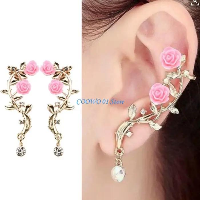 Boucle d'oreille Rose F19D, manchette élégante, fleur, Piercing, pour femmes, cadeau