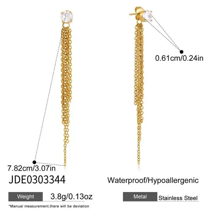 Boucles d'oreilles pendantes Zora en acier inoxydable plaqué or 18 carats PVD avec zircon et pompon,