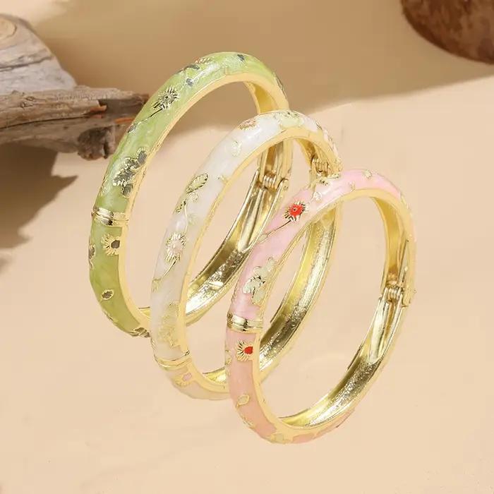 Jardme 3 pièces émail cloisonné Bracelet pour femmes Vintage ethnique pivoine filigrane fleur élégan