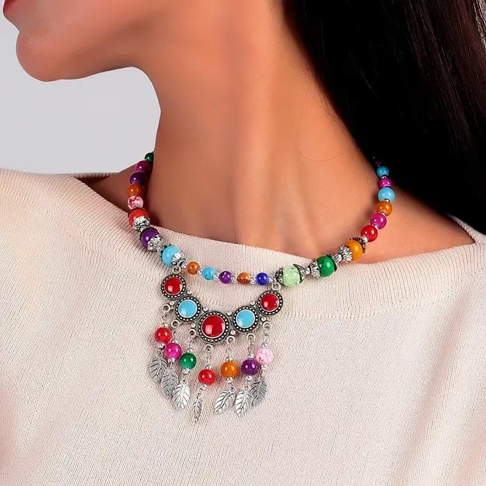 Collier ras du cou Aihua en pierre turquoise bohème pour femme, collier ethnique à pampilles, bijou