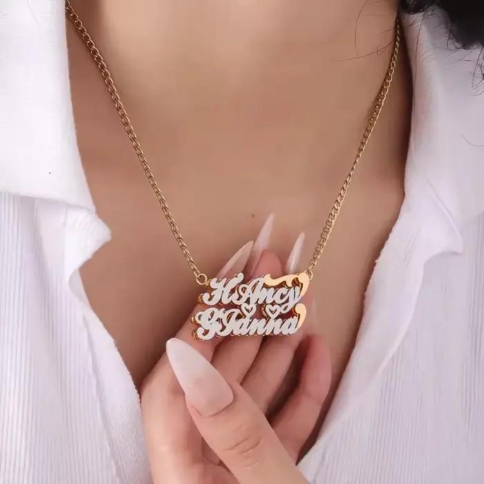 Collier double nom personnalisé plaqué or 18 carats