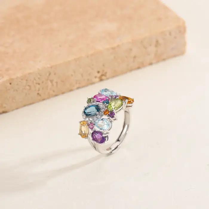 Bague de cocktail en argent sterling 925 sertie de topaze et pierres naturelles multicolores pour femmes occasions spéciales