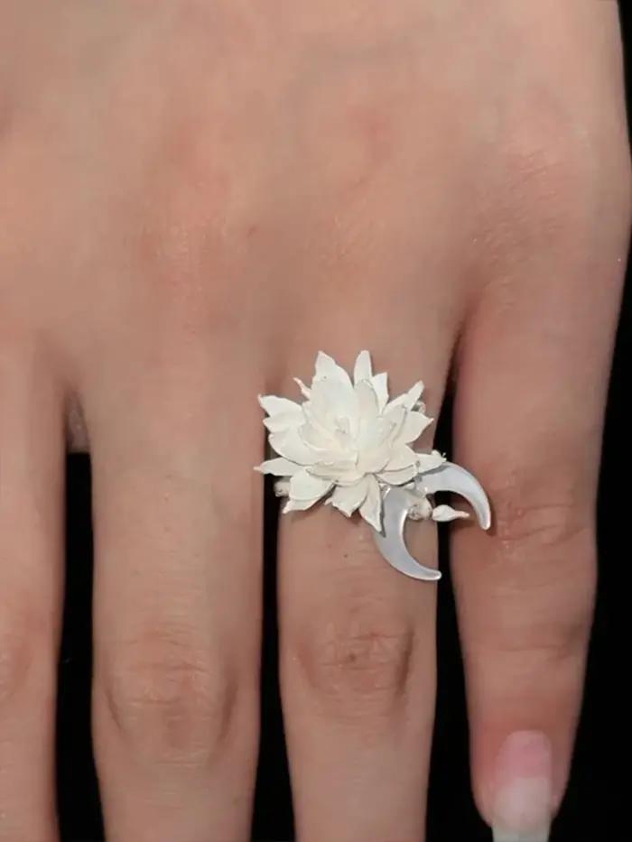 Bague Tan Moon Flower pour femme, style classique, bagues de lune, cadeau de fête pour petite amie, bijoux de soirée élégants, alliances de mariage ajustables