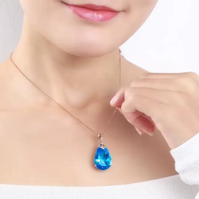 Collier en or rose 14K pendentif saphir bleu pour femme topaze goutte calcédoine