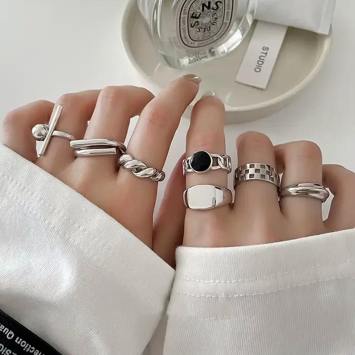 Bague géométrique ronde rétro couleur argent véritable pour femmes