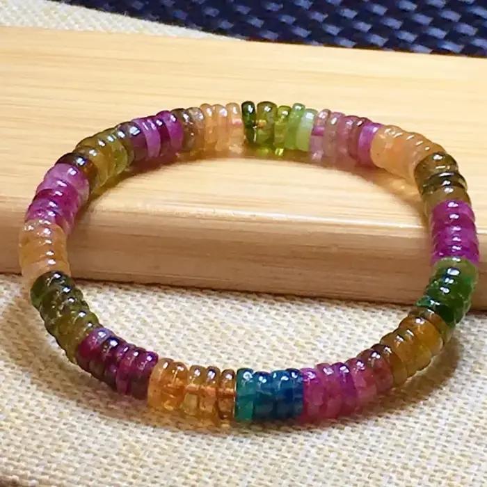 Bracelet tourmaline naturelle, Bracelet de perles de disque, Bracelet de tourmaline minérale ancienn