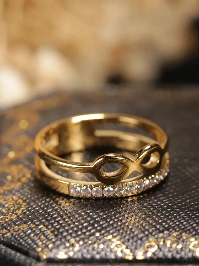 1 bague vintage coréenne en acier inoxydable à double couche avec une rangée de petits strass en forme de 8