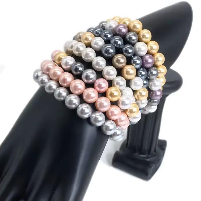 Bracelet de perles en coquillage tricolore, imitation de perles galvanisées, breloque élastique, bijoux pour femmes, cadeau d'anniversaire de mariage