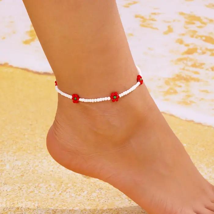 Bohème coloré graine perle fleurs cheville Bracelet pour femmes ethnique mignon fleur charme cheville Bracelet sur la jambe plage fête pied bijoux