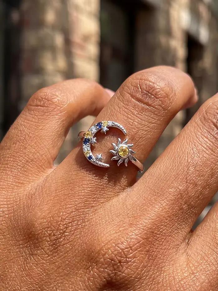 Bague réglable en argent sterling 925 sertie de zirconium blanc motif lune et soleil pour femmes occasions spéciales alliance de mariage finitions sophistiquées