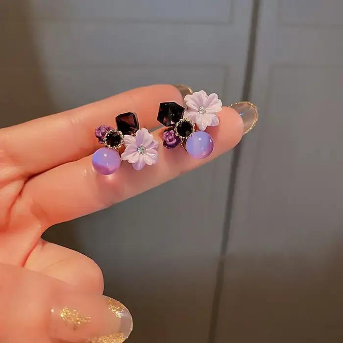 Boucles d'oreilles à fleurs en cristal violet pour femmes bijoux mode coréenne élégants pour mariage et occasions spéciales