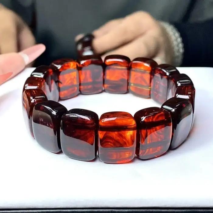 Bracelet large en ambre rouge naturel pour hommes et femmes, pierres précieuses de guérison, bijoux