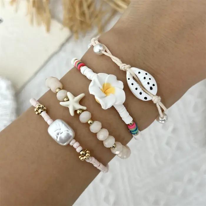 Ensemble de bracelets pour femmes avec perles Heishi en forme de fleur, perles de riz délicates, per