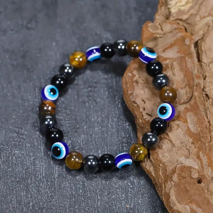 Bracelet extensible de protection contre la richesse 1 pièce – mauvais œil bleu, hématite, oeil de t