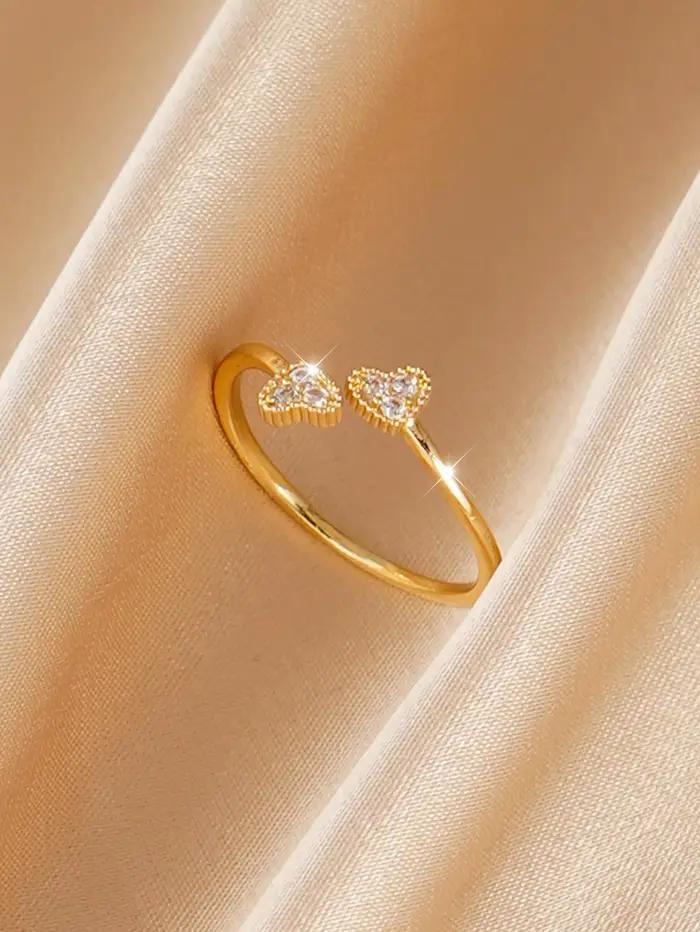 Bague élégante réglable à double cœur sertie de diamants