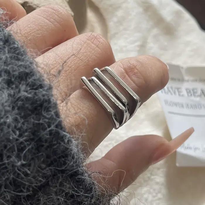 Bagues en argent Sterling 925 pour femmes et hommes, large bague ouverte Vintage à 4 couches, cadeau de fête d'anniversaire