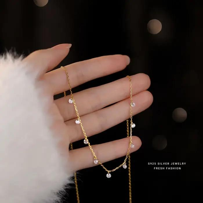 Collier délicat en argent Sterling 925 pour femmes, pompon et zircone, chaîne de clavicule polyvalen