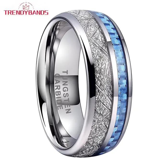 Anneaux en carbure de tungstène 8mm avec incrustation de météorite en fibre de carbone bleu clair pour hommes et femmes, ajustement confortable, tracker de fitness, pour mariage et occasions spéciales