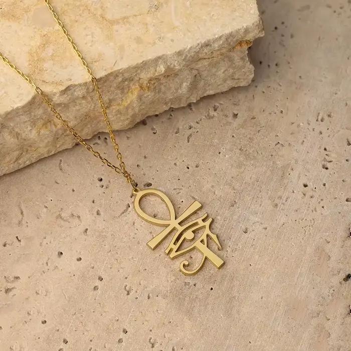 Collier classique avec pendentif œil d'horus Ankh plaqué or pour femmes