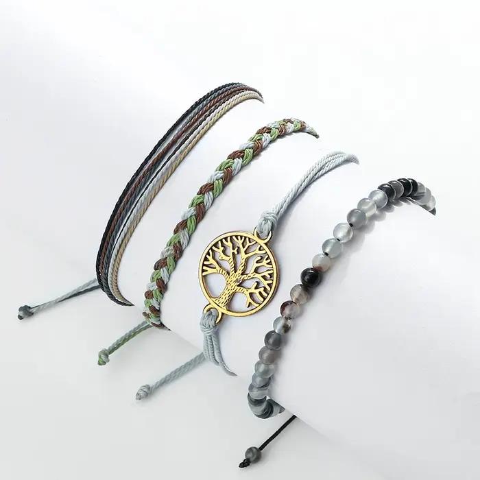 Bracelet Arbre de Vie Boho Chic pour Hommes et Femmes, Ensemble de 4 Pièces en Perles Naturelles et Corde Tressée Manuelle Occasions Spéciales