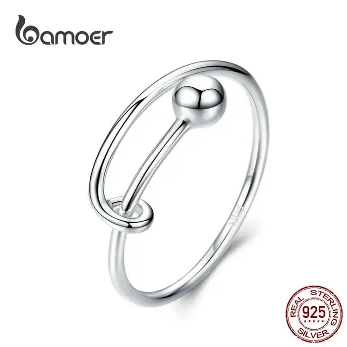 BAMOER-Bagues réglables en argent regardé 925 pour femme, bague minimaliste, perle ronde, bijoux fin