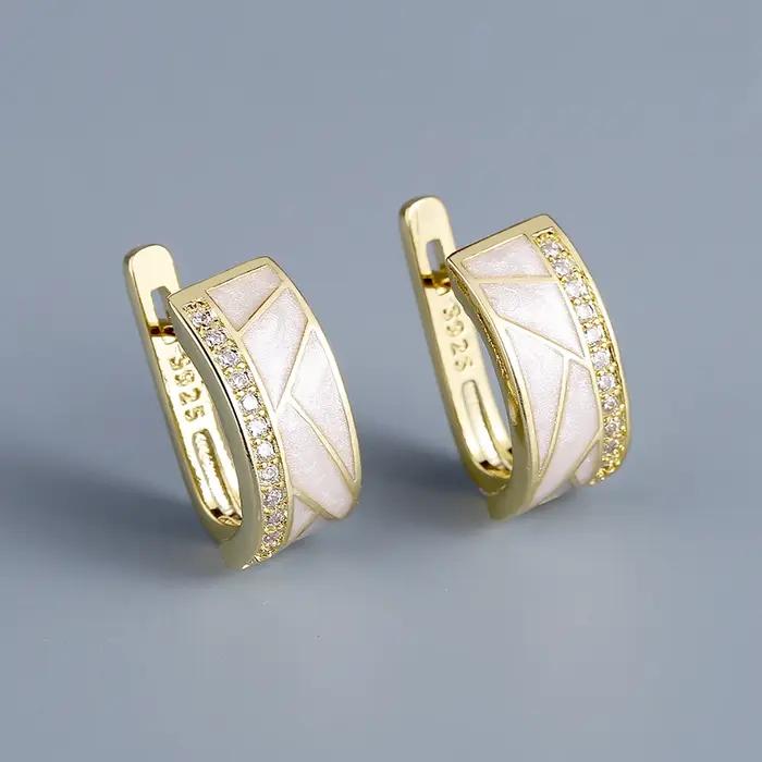 Boucles d'oreilles classiques blanches plaquées argent 925 pour femmes, bijoux en émail faits à la m