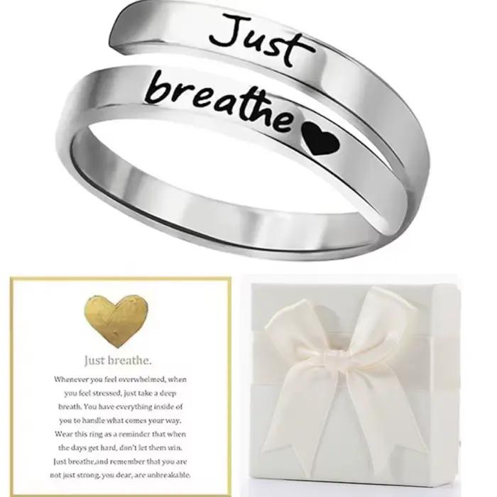 Bague Just Breathe pour femmes et hommes, anneaux en acier inoxydable en spirale, cadeaux inspirants avec boîte et carte de message