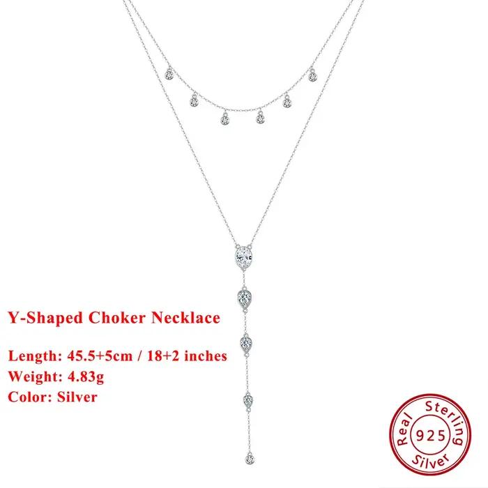 Collier en forme de Y en Zircon Bleu ou Violet avec Chaîne en Argent Sterling 925 Bijou Femme Occasions Spéciales Tendance Mode