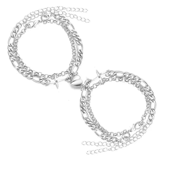 Mode argent couleur amour coeur aimant boucle Couple Bracelets pour femme