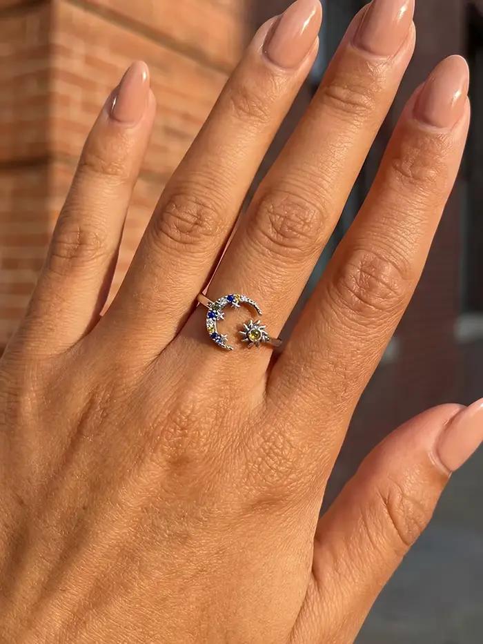 Bague réglable en argent sterling 925 sertie de zirconium blanc motif lune et soleil pour femmes occasions spéciales alliance de mariage finitions sophistiquées