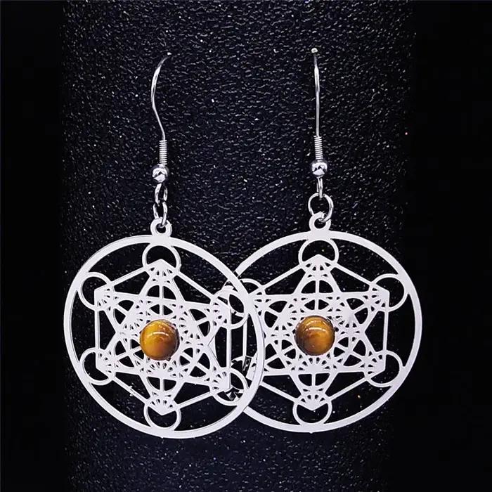 Boucles d'Oreilles en Acier Inoxydable et Pierre Naturelle, Bijoux Boho en Œil de Tigre, Metatron, A