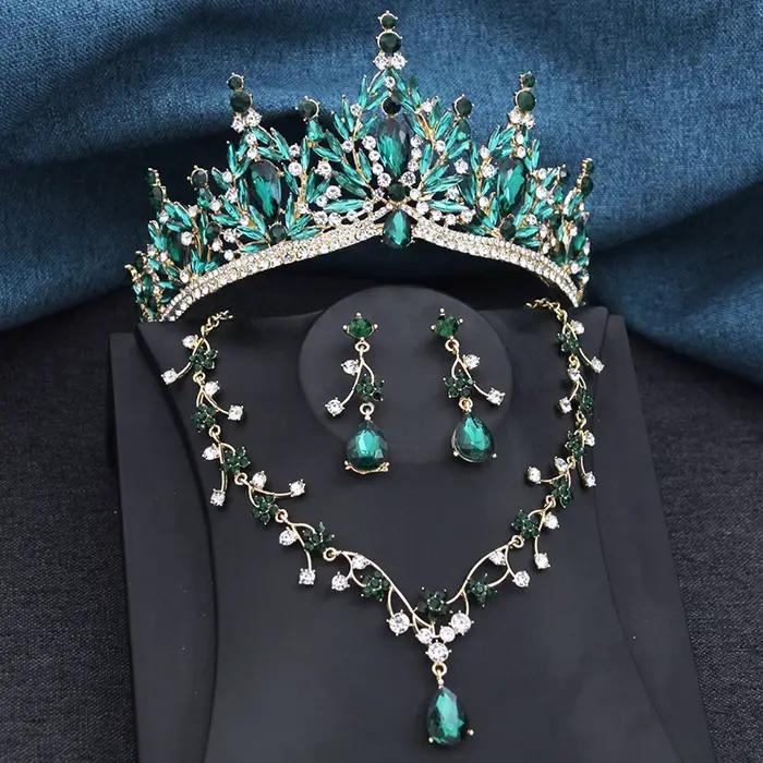 Parures de bijoux de mariée de luxe pour femmes, ensemble de 3 pièces, diadèmes et collier, boucles d'oreilles, couronne de mariage, accessoires de bijoux pour mariées
