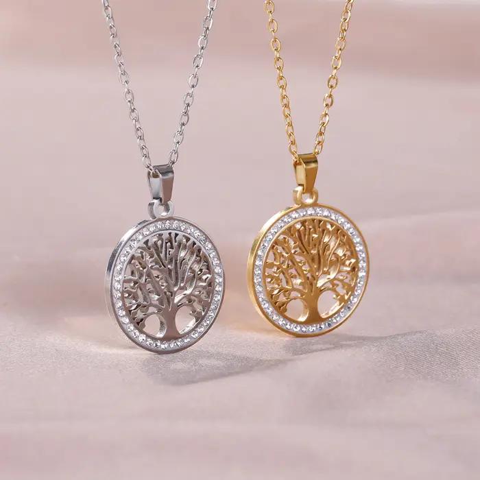 Skyrim-Collier arbre de vie pour femmes en acier inoxydable couleur or Zircon clair pendentif rond Chaînes de cou Cadeau de mariage de luxe